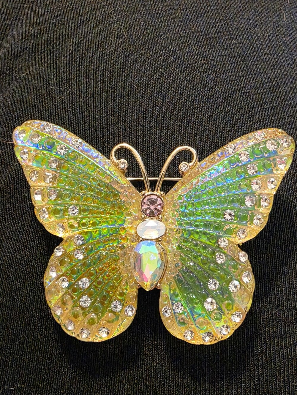 Crystal Butterfly Brooch in Iridescent Green and Gold
